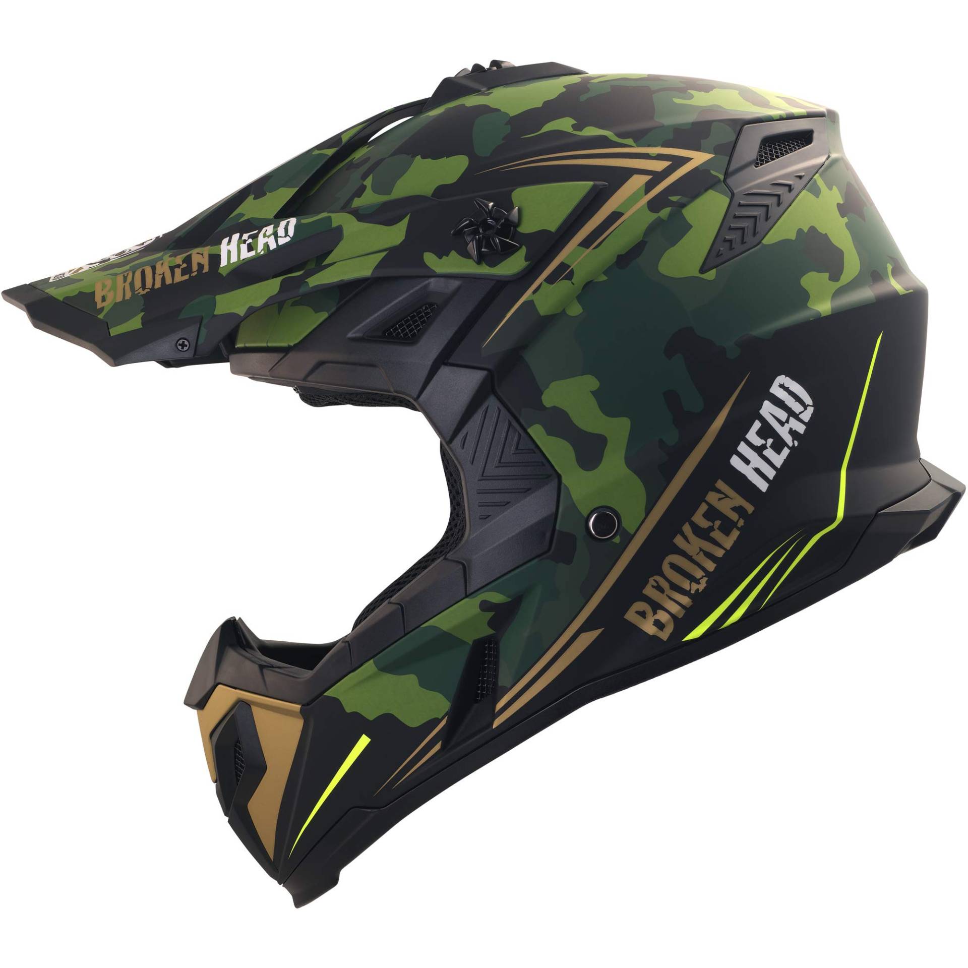 Broken Head Squadron Rebelution Motocross-Helm - Motorrad-Helm Für MX, Sumo und Quad - Camouflage Grün-Gold - Größe S (55-56 cm) von Broken Head