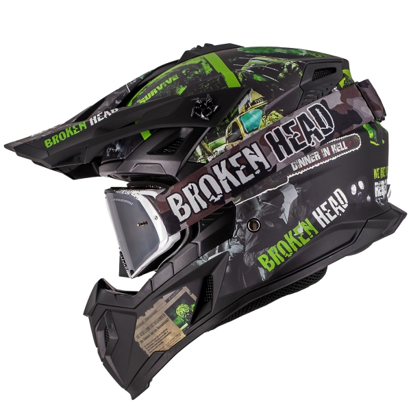 Broken Head Supermoto- & Motocross-Helm Resolution Grün + MX-Brille... von Broken Head