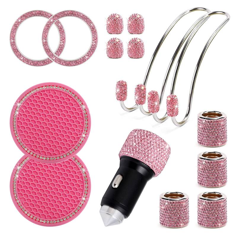 15 Stück Auto Zubehör Innenraum Frauen Glitzer, Auto Accessories Interior Girls, Bling Bling Auto Deko Innenraum Autozubehör, Car Accessories Usb Adapter/Silikon Untersetzer/Kopfstützen Haken Set von Bseical