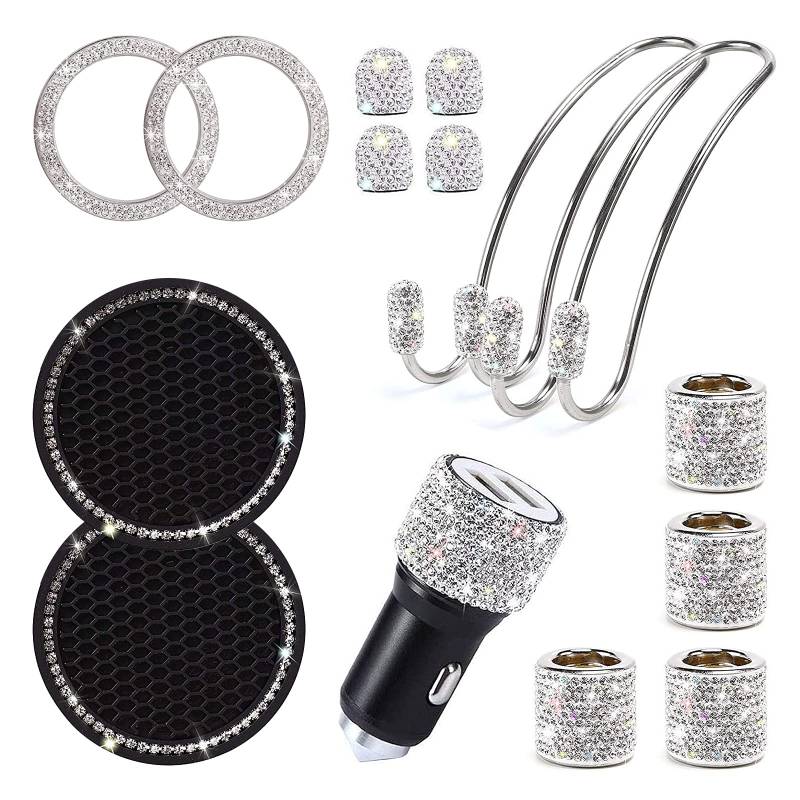 15 Stück Auto Zubehör Innenraum Frauen Glitzer, Auto Accessories Interior Girls, Bling Bling Auto Deko Innenraum Autozubehör, Car Accessories Usb Adapter/Silikon Untersetzer/Kopfstützen Haken Set von Bseical