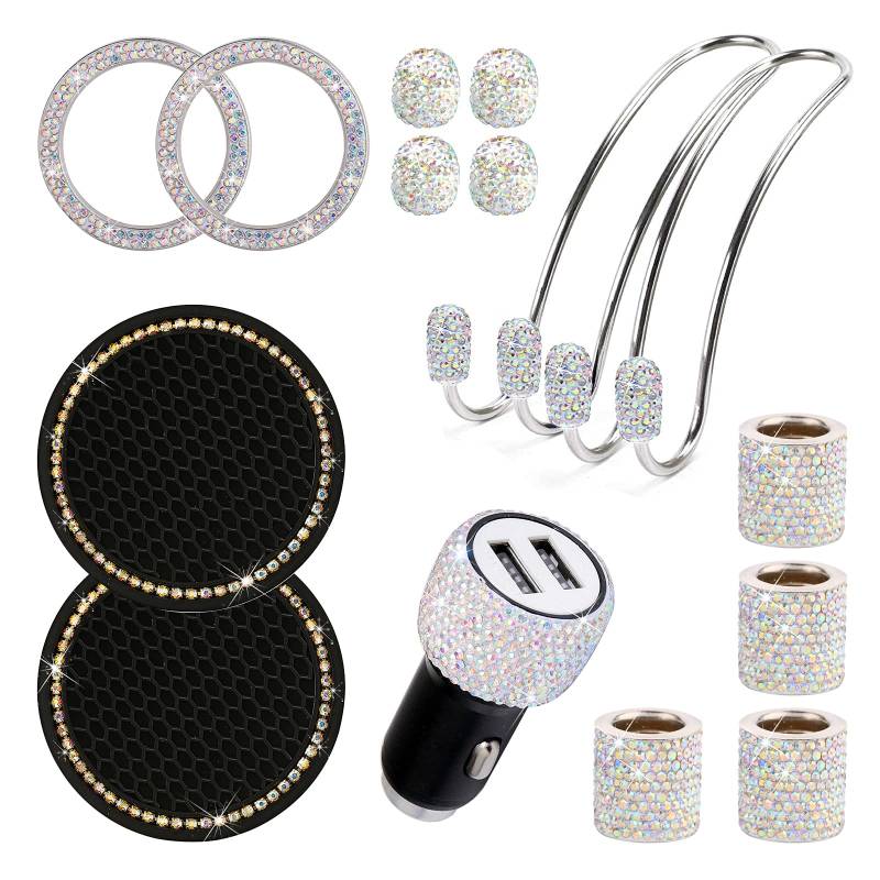 15 Stück Auto Zubehör Innenraum Frauen Glitzer, Auto Accessories Interior Girls, Bling Bling Auto Deko Innenraum Autozubehör, Car Accessories Usb Adapter/Silikon Untersetzer/Kopfstützen Haken Set von Bseical