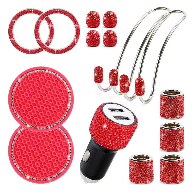 Auto Zubehör Glitzer Set, Glitzer Kristall Deko Bling Bling Car Accessories Usb Adapter + Silikon Untersetzer + Kopfstützen Haken, Bling Bling Auto Deko Innenraum Frauen Autozubehör (rot, 15PC) von Bseical