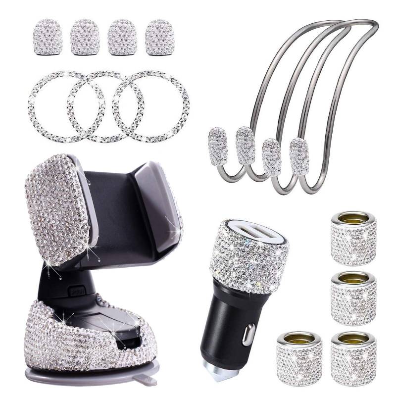 Auto Zubehör Innenraum Frauen, Autozubehör Innenraum Glitzer, Auto Deko Glitzer, Car Accessories Interior Girls, Bling Bling Auto Dekoration Ventilkappen, Usb Adapter, Handyhalterung Set Geschenk von Bseical