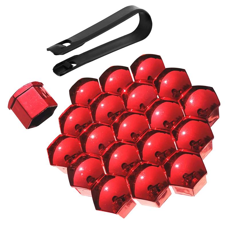 Bseical 20 Stücke Schraubenabdeckung, Radmutter Kappe Universal für Schrauben mit Entfernung Werkzeug Set für Autos, ABS Abdeckkappen für Schrauben KFZ 17mm/19mm/21mm Galvanikprozess (Rot, 17mm) von Bseical