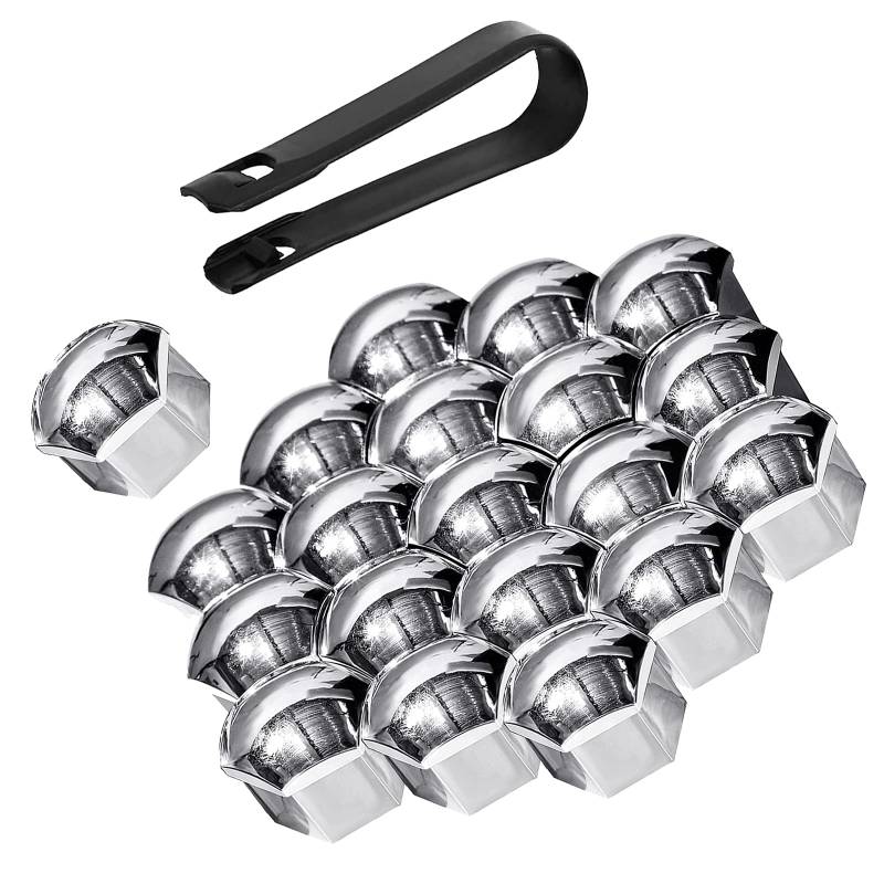 Bseical 20 Stücke Schraubenabdeckung, Radmutter Kappe Universal für Schrauben mit Entfernung Werkzeug Set für Autos, ABS Abdeckkappen für Schrauben KFZ 17mm/19mm/21mm Galvanikprozess (Silber, 17mm) von Bseical