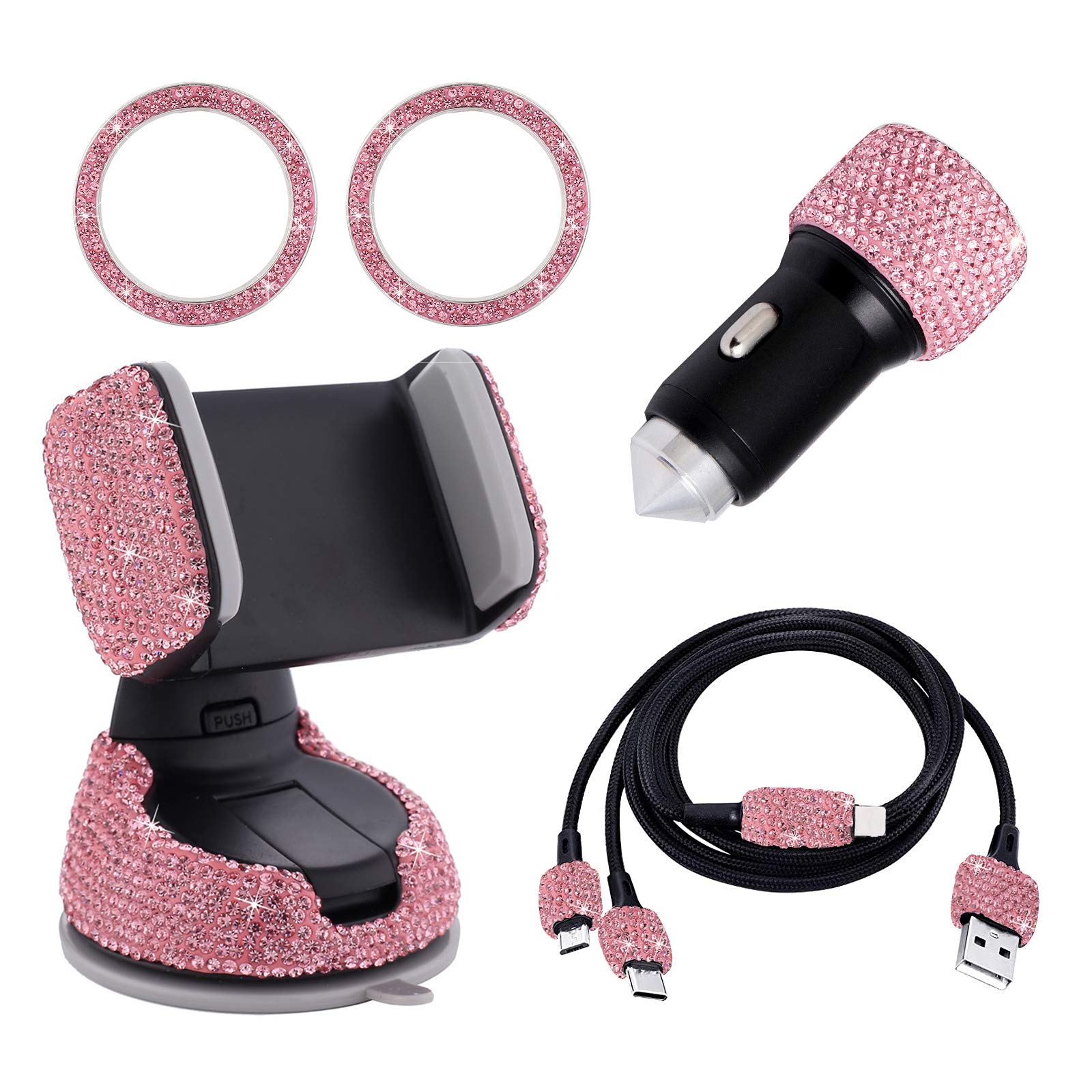 Bseical Glitzer Autozubehör Innenraum Frauen, Inklusive Für Zigarettenanzünder Kfz Ladegerät USB Quick Charge Bling Bling, Auto Handyhalterung Glitzer, Micro USB Kabel 1m Etc, 5 Pack (Rosa) von Bseical