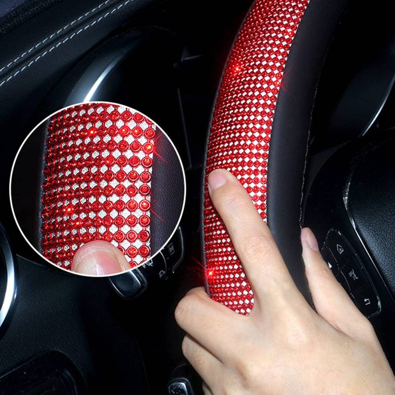 Lenkradbezug Glitzer, Bling Bling Strass Kristalle Leder Lenkradbezug, Universal Auto ZubehöR Innenraum Frauen,Atmungsaktive Anti-Rutsch,HitzebestäNdig, Stilvoll Und SchöN (rot, 38cm) von Bseical