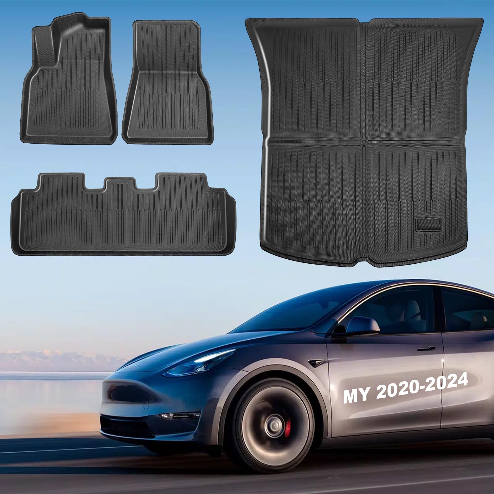 Bsteciar Tesla Model Y Fußmatten Set, 4-teilige TPE Allwetter-Fussmatten für Tesla Model Y 2020-2024 5-Sitzer, wasserdichte & rutschfeste 3D-Innenmatten, inkl. Kofferraummatte, Tesla Zubehör von Bsteciar