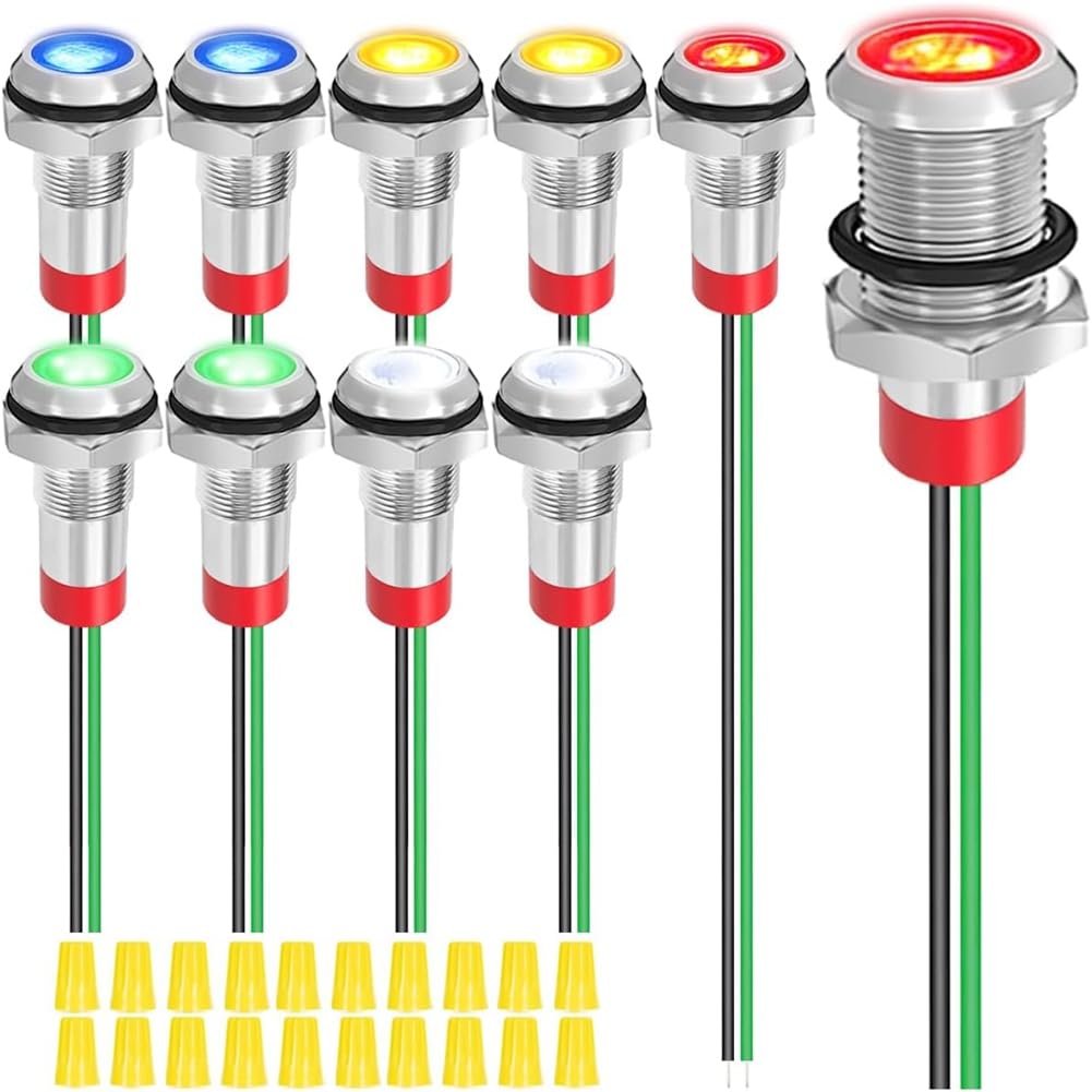 Bueyrfrq 10 Stück 8 mm AC 110 V 120 V 220 V 20 MA Rot/Gelb/Blau/Grün/Weiß LED-Kontrollleuchte wasserdichte Metallkontrollleuchte von Bueyrfrq