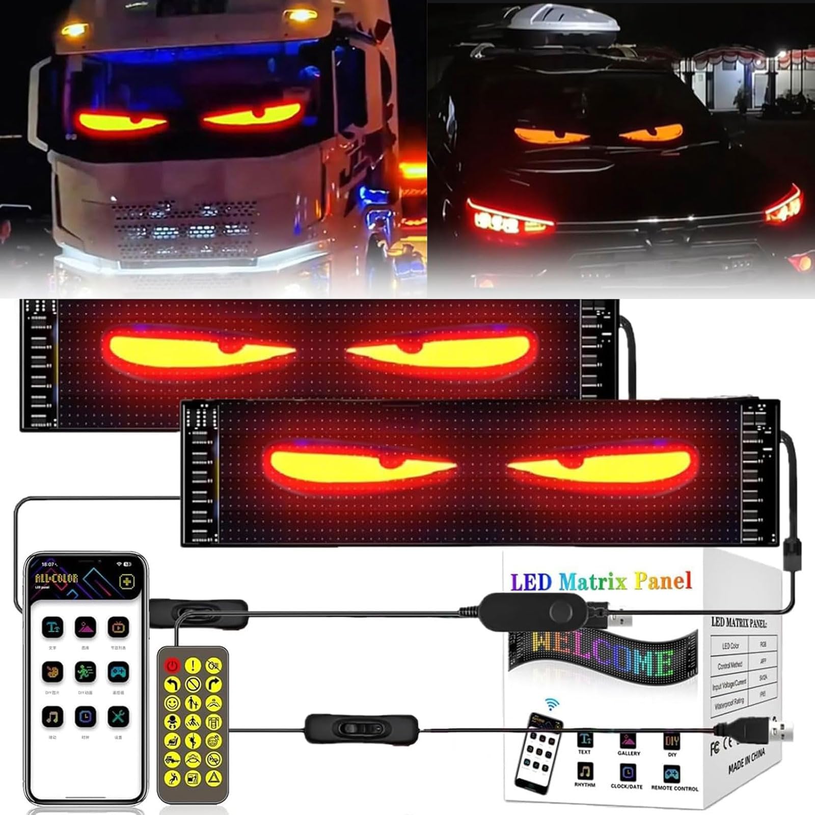 2er Teufelsaugen-Lichter für Auto und LKW Led Devil Eyes Light for Cars 102 * 348mm LED-Augen Licht für Autoscheiben Dynamische Animiertes Autoaugenlicht für Die Windschutzscheibe mit APP-Steuerung von Builrand