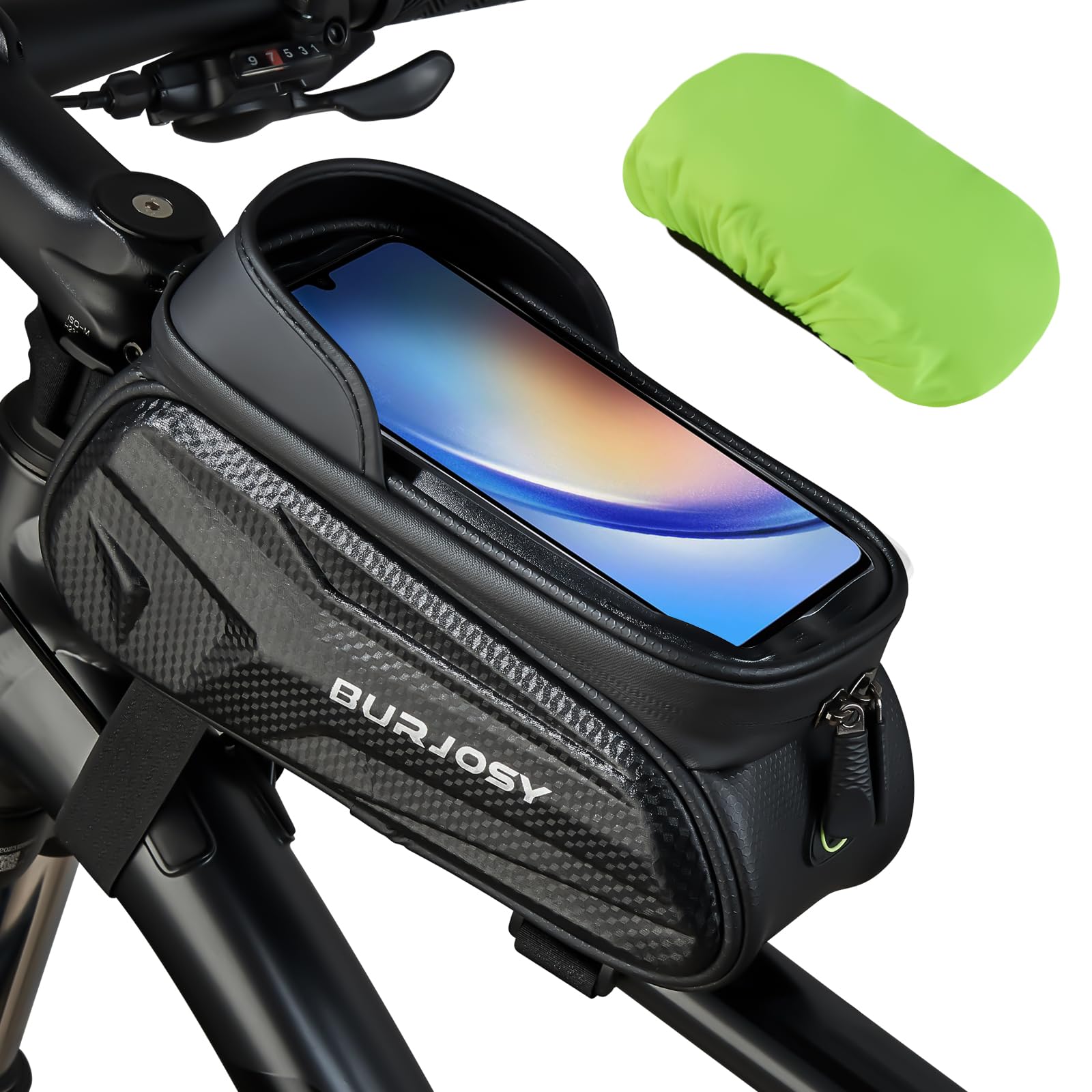 Burjosy Fahrrad Rahmentasche, Eva Wasserdicht Fahrradtasche, Lenkertasche Fahrrad Oberrohrtasche TPU Touchscreen mit Regenfest Abdeckung für Handy unter 7'' von Burjosy