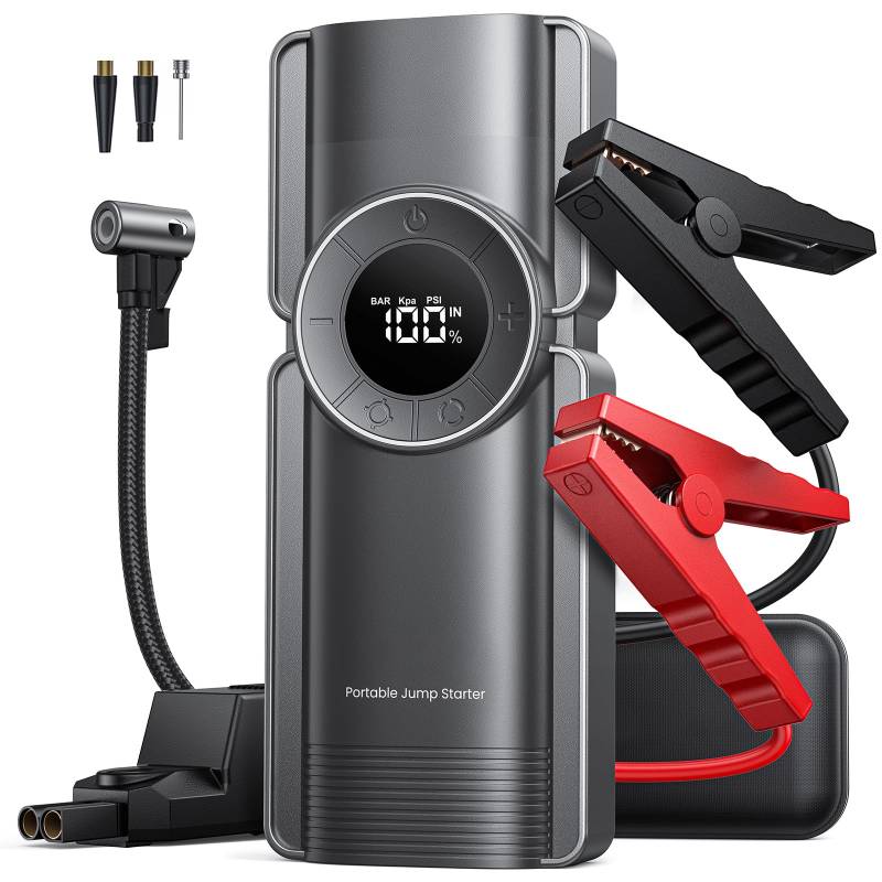 Auto Starthilfe Powerbank mit Luftkompressor, 150PSI 3000A Spitzenstrom Starthilfe Powerbank für 8.5L Benzin und 8.0L Dieselmotor, Starthilfe mit LED-Taschenlampe von Buture Pro