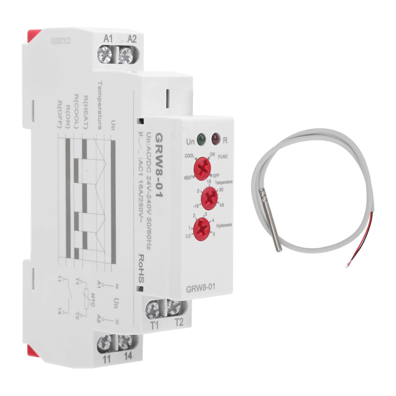 BuyWeek Temperaturregelrelais, AC/DC 24 V-240 V Temperaturregler Relais 35mm Schieneninstallation Thermostat Relais mit Sonde, LED Anzeige Hoher/Niedriger Temperaturüberwachung (GRW8-01) von BuyWeek