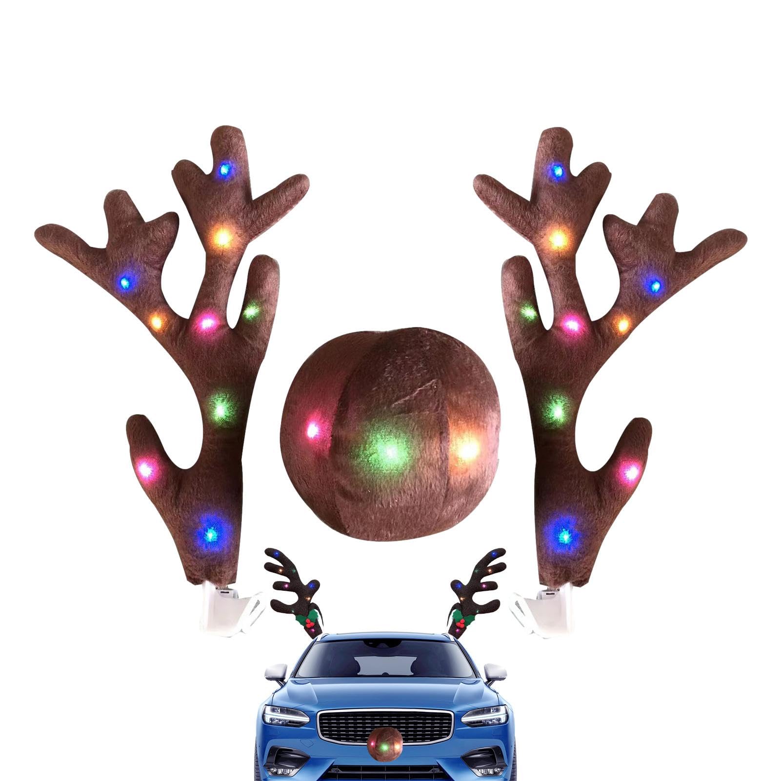 Rentier Auto Weihnachtsdeko Weihnachten Auto Rentier Geweih Und Rote Nase Set Auto Rentiergeweihe Mit LED Licht Fahrzeug Weihnachtsdekoration Rentier Und Rote Nase Für Autozubehör Geweih Autozubehör von Bvizyelck