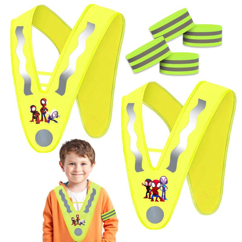 Byhsoep 2 Stück Warnweste Kinder, Warnweste Kinder V Form, mit 4 Reflektorband, Sicherheitsweste Kinder, Reflektorweste Kinder, Sicherheitsweste Kinder Fahrrad, Stark Reflektierend, 360°-Schutz von Byhsoep