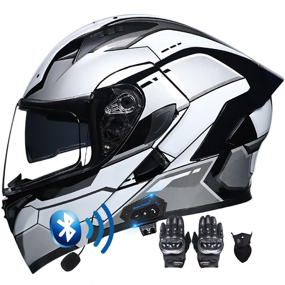 Klapphelm mit Bluetooth Motorradhelm Helm mit integriertem Bluetooth Integralhelm Anti-Fog-Doppelspiegel Vollvisierhelm ECE Genehmigt sturzhelm für Damen Herren S~XXL von Byroads