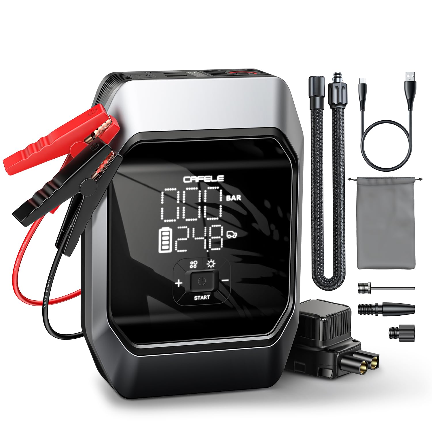 CAFELE[5 IN 1]Zuverlässig Starthilfe Auto mit Kompressor 160PSI 1000A 8000Mah,Starthilfe Powerbank mit Luftkompressor 12V,40W USBC Schnellladung,2 LCD-Anzeige,Light für 6,0 Liter Gas/3,5 Liter Diesel von CAFELE