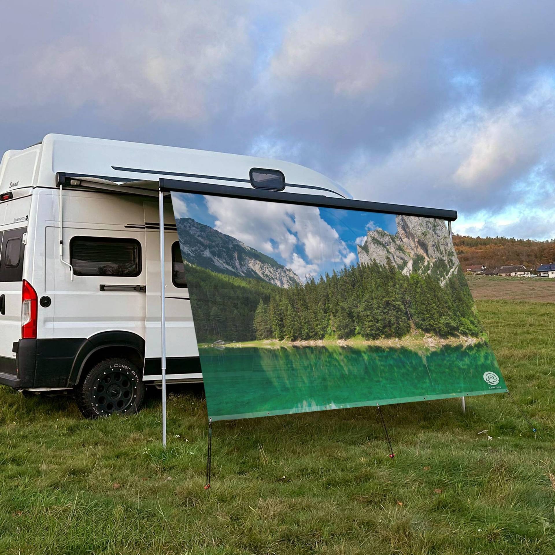 CAMPIDOO Textil Sonnensegel BERGSEE | Höhe 200cm | hochwertiger Fotodruck inkl. Keder-Befestigung | Markisen-Vorderwand - Länge/Keder: 200cm / 7 mm (z.B. WIGO Rolli Zelte) von CAMPIDOO