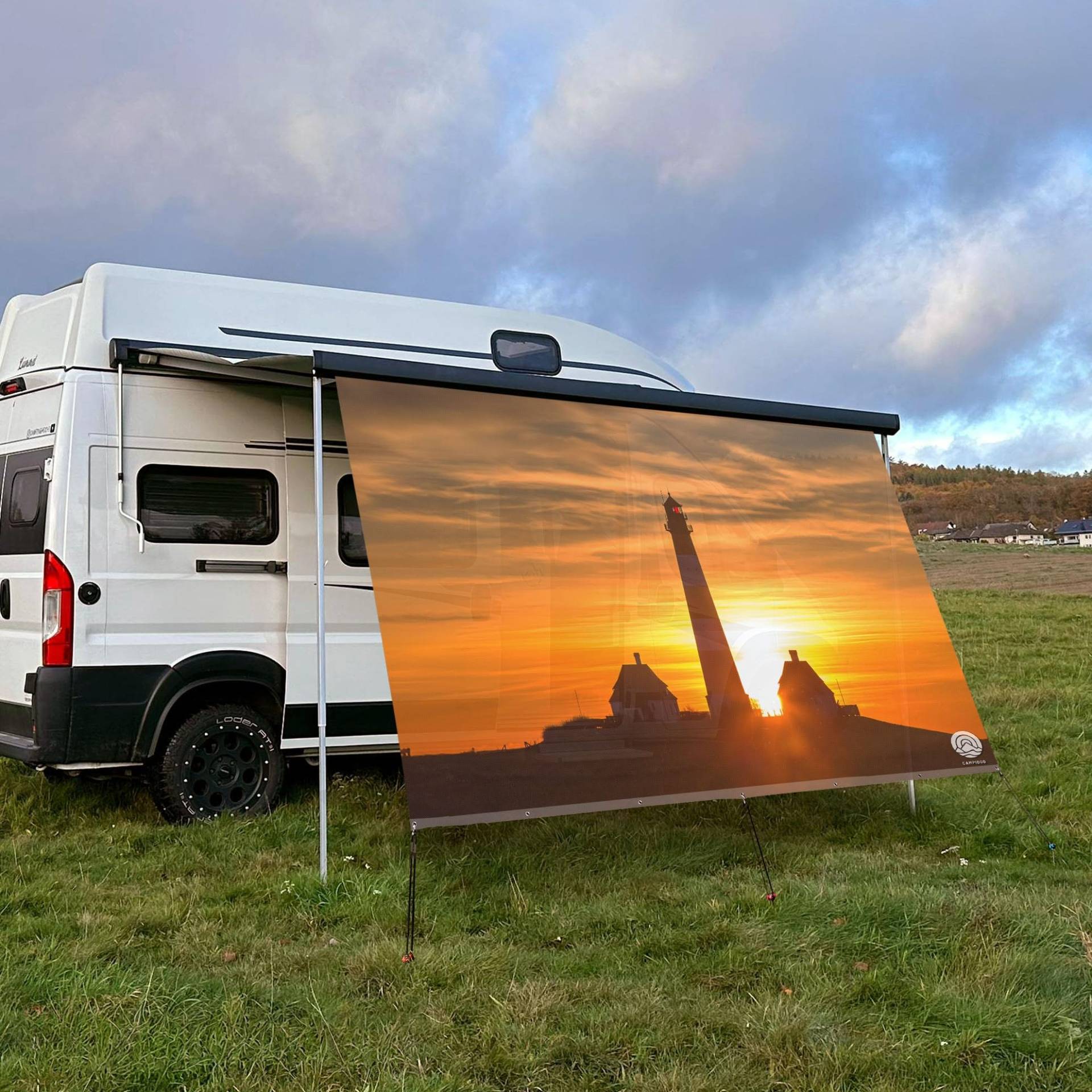 CAMPIDOO Textil Sonnensegel HALLIG Sonnenuntergang | Höhe 200cm | hochwertiger Fotodruck inkl. Keder-Befestigung | Markisen-Vorderwand - Länge/Keder: 300cm / 5 mm (z.B. Thule) von CAMPIDOO