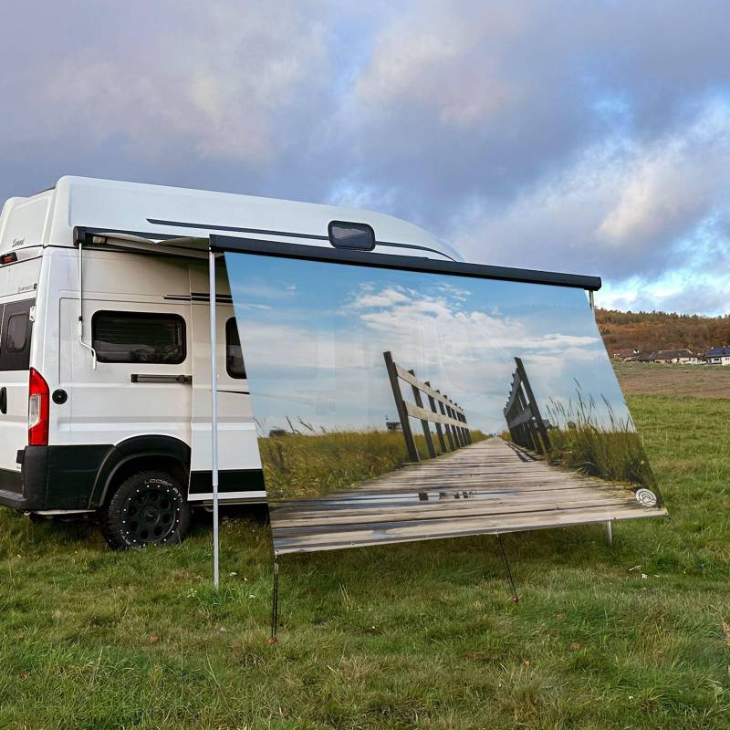 CAMPIDOO Textil Sonnensegel HOLZSTEG | Höhe 200cm | hochwertiger Fotodruck inkl. Keder-Befestigung | Markisen-Vorderwand - Länge/Keder: 450cm / 7 mm (z.B. WIGO Rolli Zelte) von CAMPIDOO