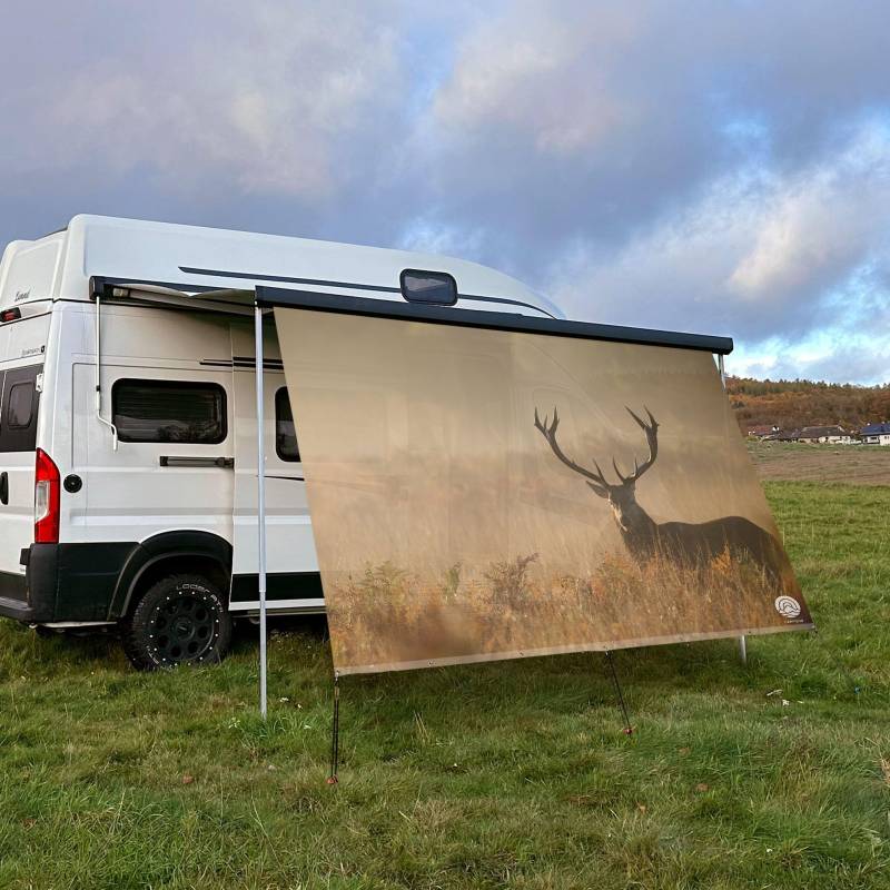 CAMPIDOO Textil Sonnensegel Hirsch | Höhe 200cm | hochwertiger Fotodruck inkl. Keder-Befestigung | Markisen-Vorderwand - Länge/Keder: 200cm / 5 mm (z.B. Thule) von CAMPIDOO