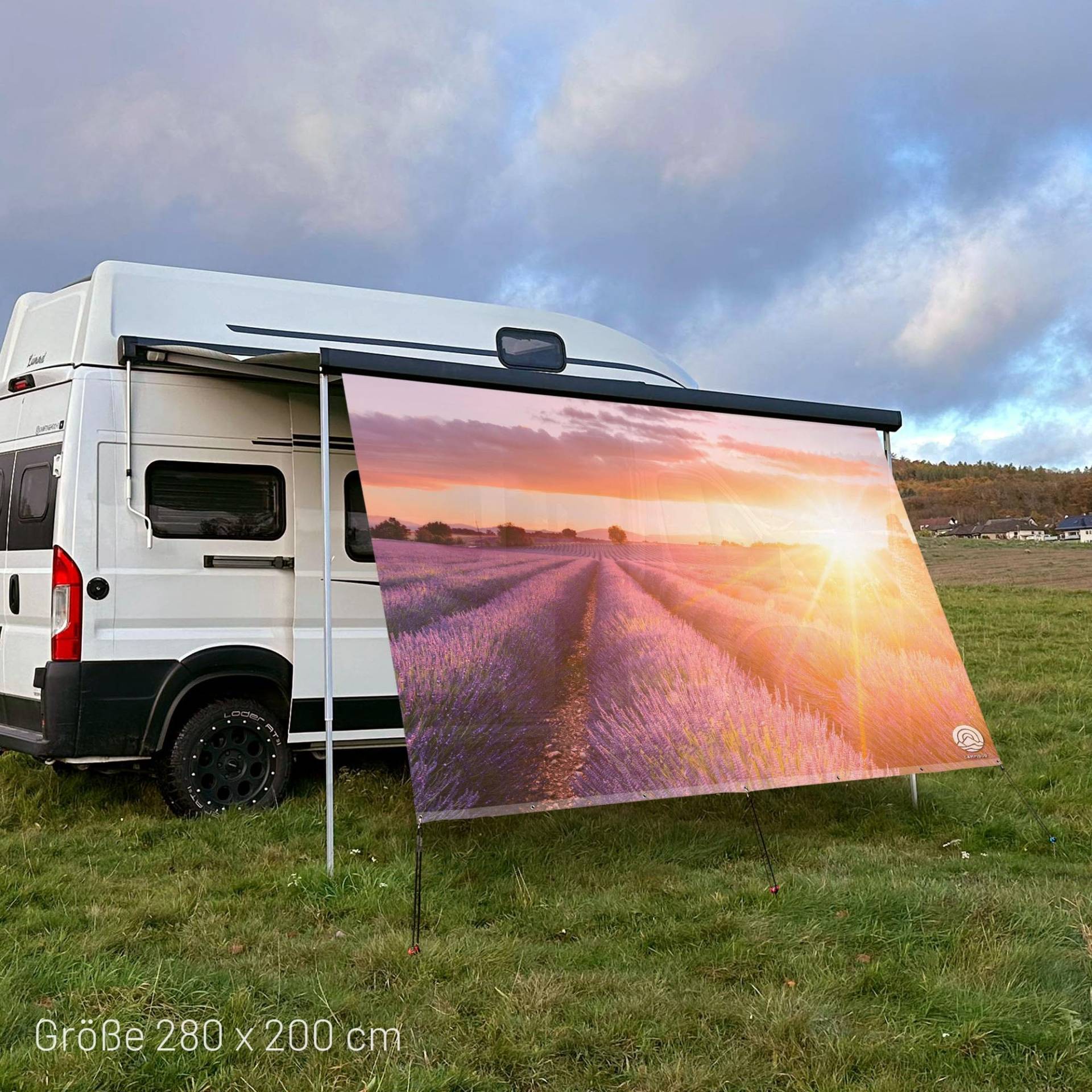 CAMPIDOO Textil Sonnensegel LAVENDELFELD | Höhe 200cm | hochwertiger Fotodruck inkl. Keder-Befestigung | Markisen-Vorderwand - Länge/Keder: 300cm / 7 mm von CAMPIDOO