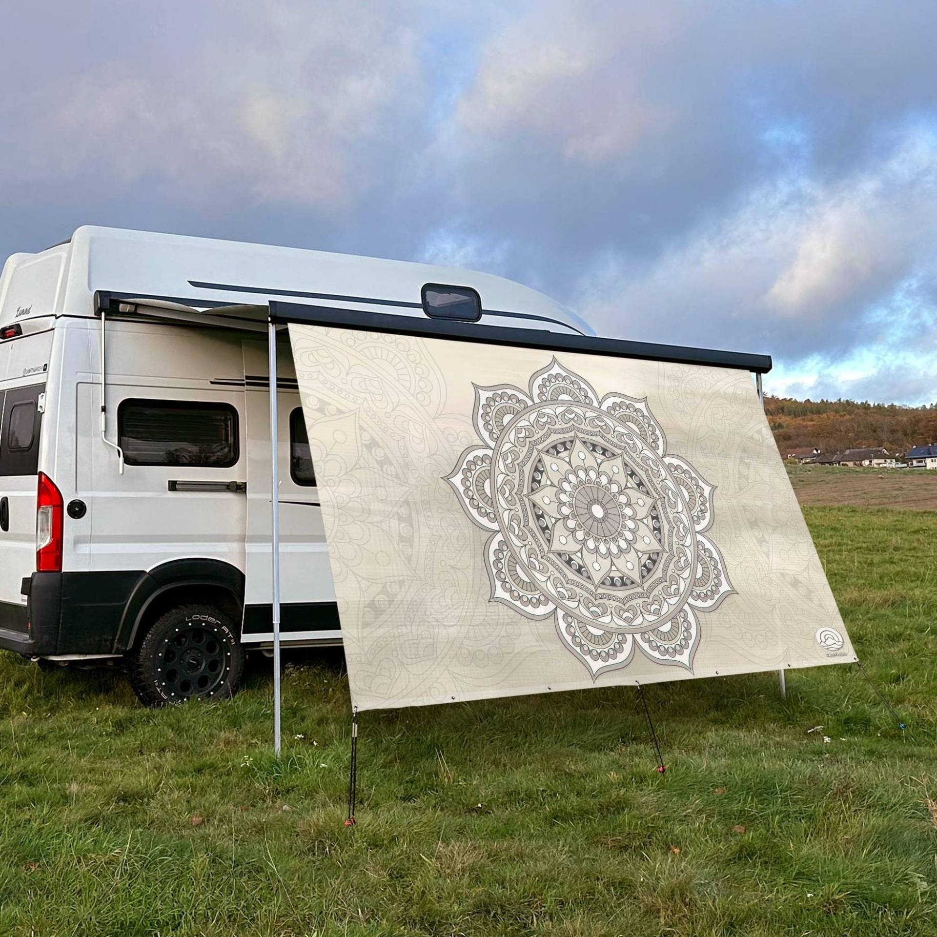 CAMPIDOO Textil Sonnensegel Mandala Beige | Höhe 200cm | hochwertiger Fotodruck inkl. Keder-Befestigung | Markisen-Vorderwand - Länge/Keder: 380cm / 5 mm von CAMPIDOO