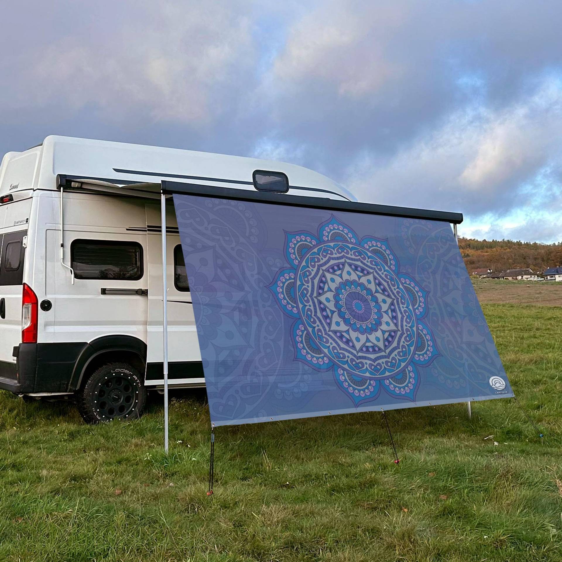 CAMPIDOO Textil Sonnensegel Mandala Blau | Höhe 200cm | hochwertiger Fotodruck inkl. Keder-Befestigung | Markisen-Vorderwand - Länge/Keder: 250cm / 7 mm von CAMPIDOO