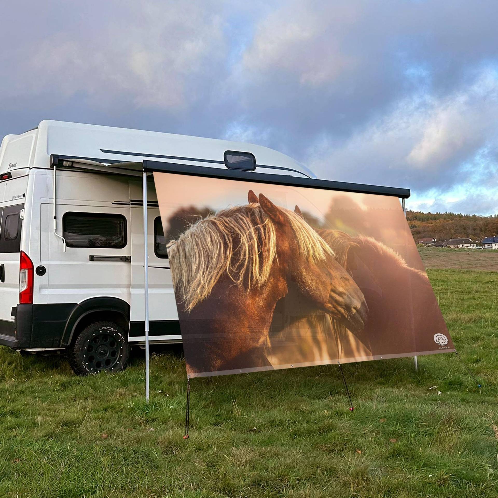 CAMPIDOO Textil Sonnensegel PFERDELIEBE | Höhe 200cm | hochwertiger Fotodruck inkl. Keder-Befestigung | Markisen-Vorderwand - Länge/Keder: 250cm / 5 mm von CAMPIDOO