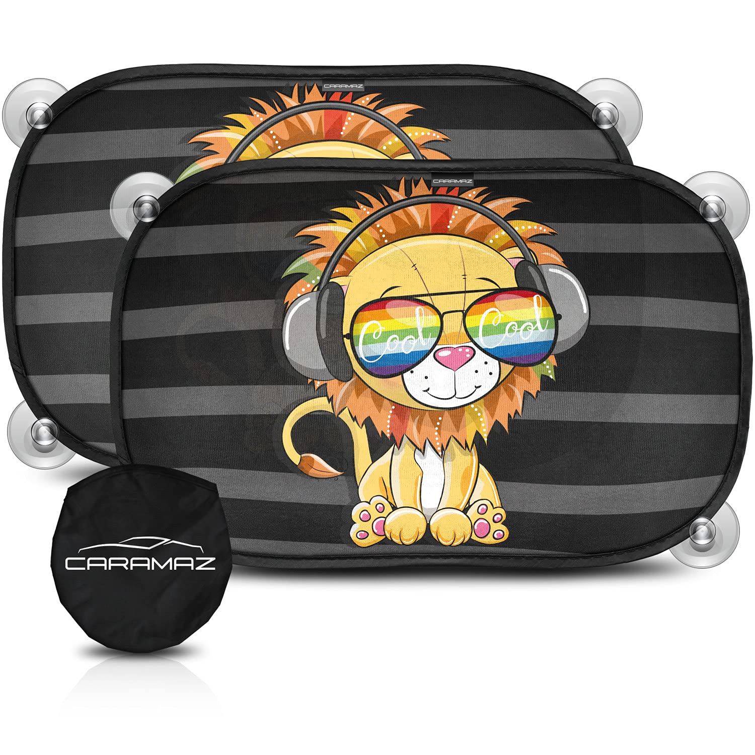 CARAMAZ Sonnenschutz, Kompatibel mit Personenkraftwagen, Auto Baby mit UV Schutz 48x30cm - 2 Stück mit Saugnäpfen - Kinder - Fenster - Sonnenblende Motiv: Gelb-Lion von CARAMAZ