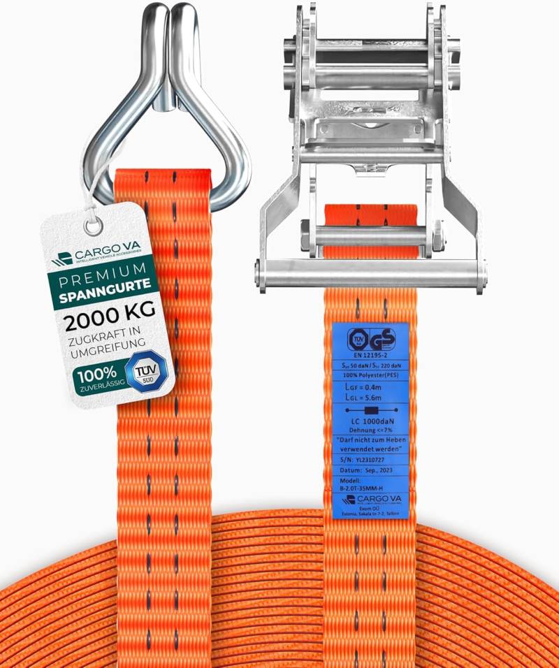 Schwerlast 2000kg Ratschengurte 6m - TÜV/GS & DIN Geprüft - Spanngurte mit Ratsche und Haken - QR Label Anleitung - Sicher & Robust [2er Set] von CARGO VA Intelligent Vehicle Accessories