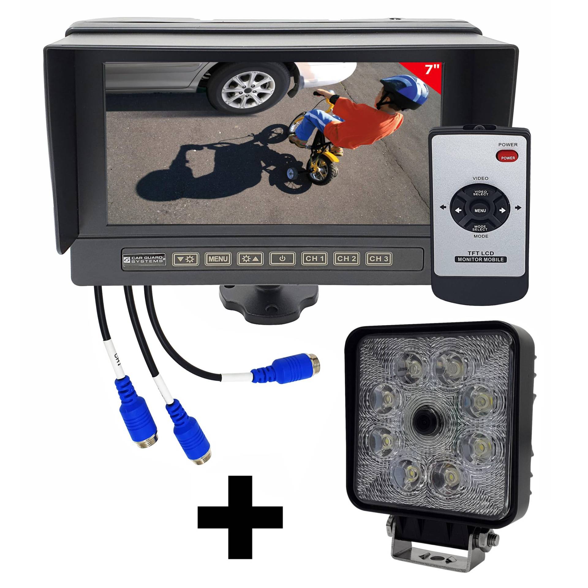 7" AHD-Monitor aus Metall RAV-MO 7WHD mit 3 Kamera-Eingängen, Set mit Full-HD Arbeits-Rückfahrkamera mit 1080p inkl. Flutstrahler von CARGUARD Systems, 155° Blickwinkel, 9-40V/48V und Leitlinien von CARGUARD SYSTEMS