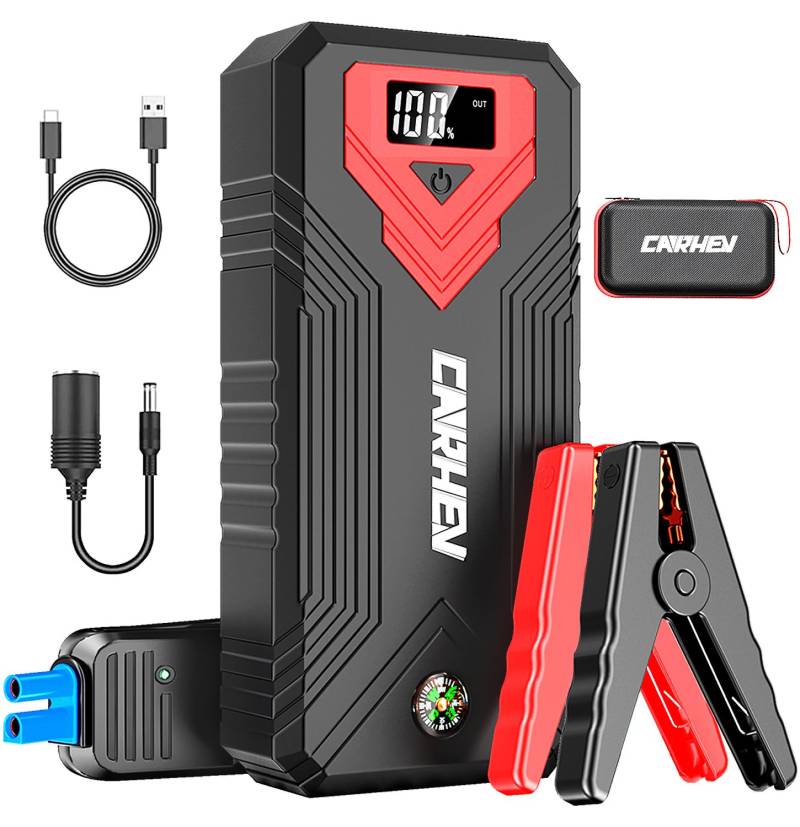 CARHEV Starthilfe Powerbank für pkw, 3000A Spitzenstrom Auto Starthilfe Powerbank mit LCD Display für bis zu 8L Benzin und 8L Dieselmotor, 12V Jump Starter mit USB Schnellladung und LED Taschenlampe von CARHEV