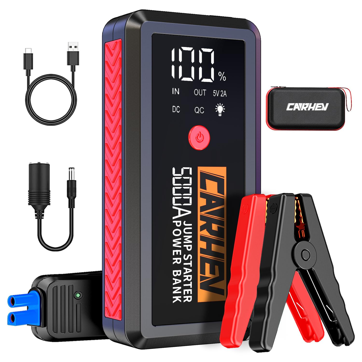 CARHEV Starthilfe Powerbank, 5000A Booster Auto Starthilfe, 12V Starter Powerbank(Bis zu 8.0L Benzin/8.0L Diesel) Auto Batterie Booster Starter mit Schnelllade USB Ausgänge und LED Taschenlampe von CARHEV