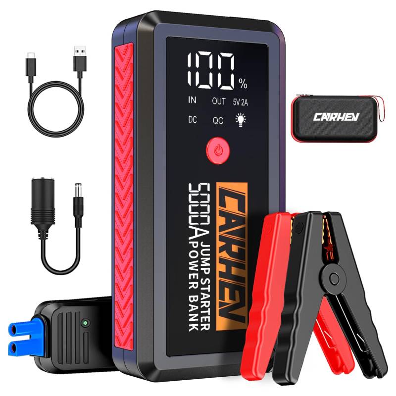 CARHEV Starthilfe Powerbank, 5000A Booster Auto Starthilfe, 12V Starter Powerbank(Bis zu 8.0L Benzin/8.0L Diesel) Auto Batterie Booster Starter mit Schnelllade USB Ausgänge und LED Taschenlampe von CARHEV