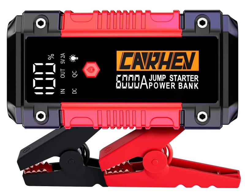 CARHEV Starthilfe Powerbank, 6000A Spitzenstrom Auto Starthilfe, 12V Starter Powerbank(Bis zu 10.0L Benzin/10.0L Diesel)Tragbarer Batterie Booster Jump Starter mit LED Taschenlampe und Starthilfekabel von CARHEV