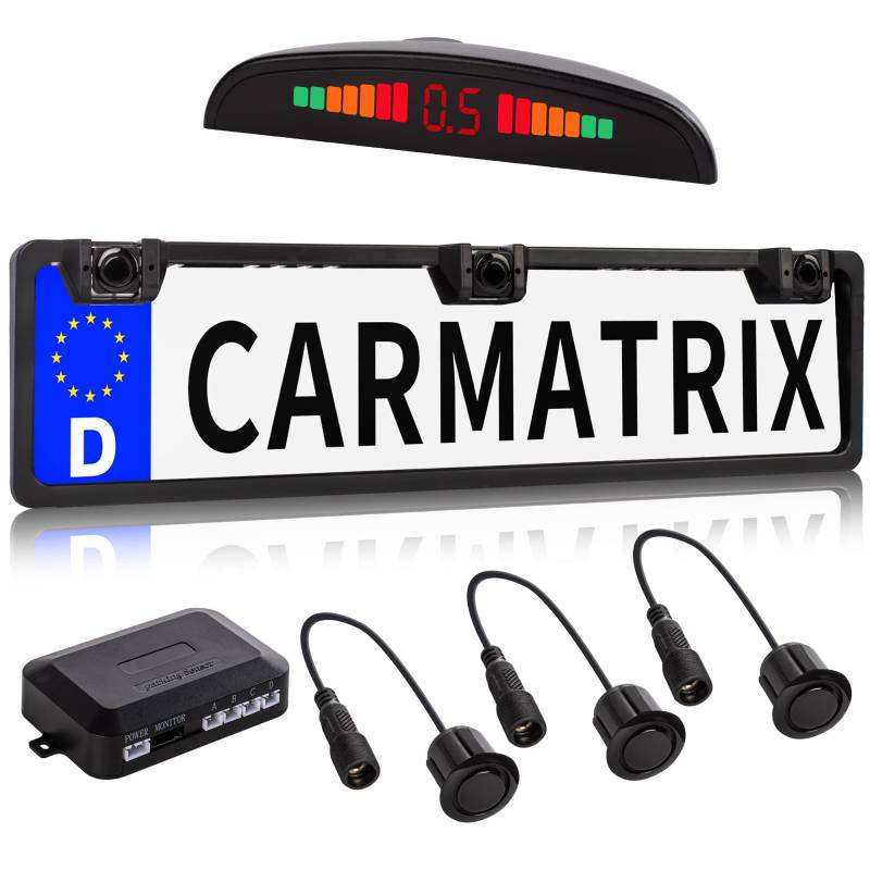 CARMATRIX Funk Einparkhilfe mit 3 PDC Sensoren Universal rückfahrwarner im Kennzeichen Nummernschild Kennzeichenhalterung kabellos hinten schwarz lackiert mit Farb Display von CARMATRIX