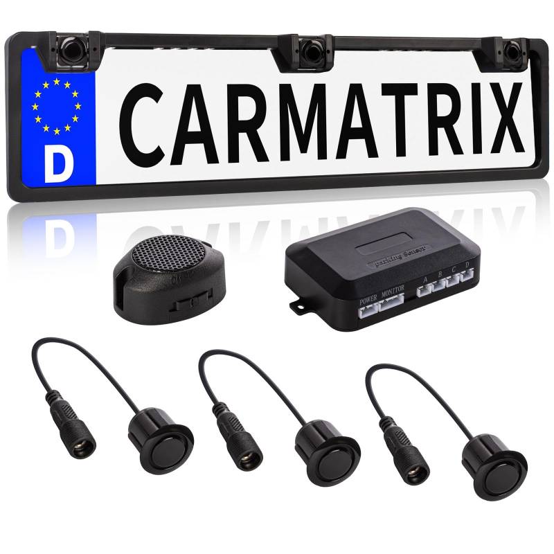 Einparkhilfe mit 3 lackierten PDC Ultraschall Sensoren integriert im Kennzeichen Nummernschild Kennzeichenhalterung hinten schwarz lackiert mit Summer zum nachrüsten (ohne Display) von CARMATRIX