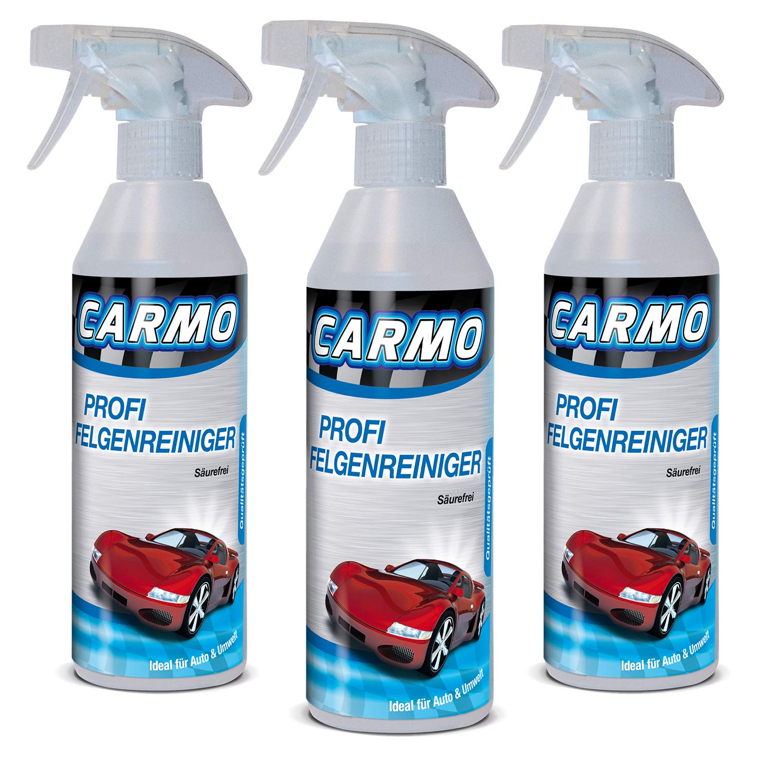 CARMO 3X Felgenreiniger | Reiniger ohne Säure | Mit Wirkindikator/Eisenindikator | Kfz Stahlfelgen, Leichtmetallfelgen, Alufelgen | Einzelflasche für mehrere Anwendungen | 500ml von CARMO