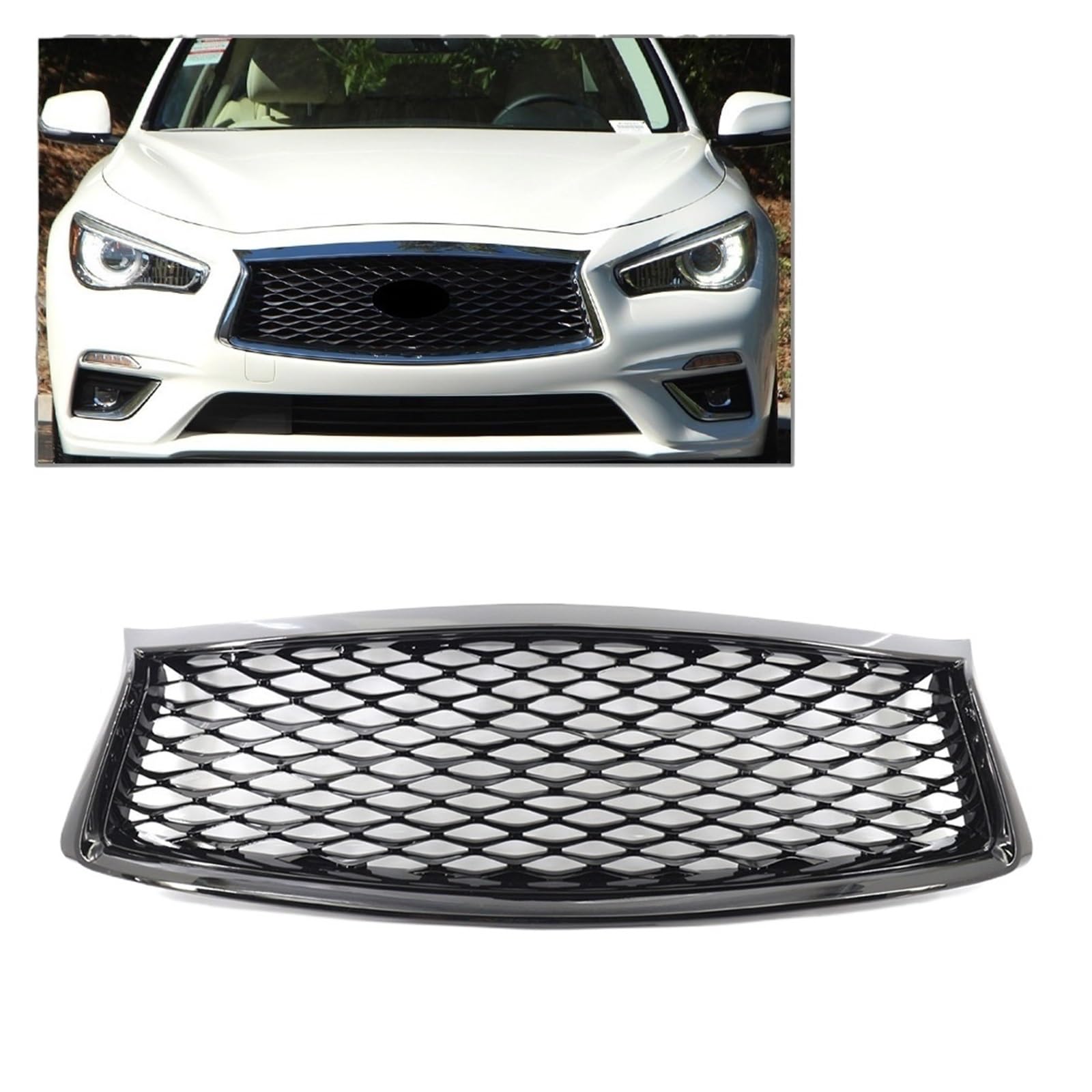 CBXPXVXP Auto-Wabengrill, Frontstoßstange, mittlerer oberer Mesh-Grill, kompatibel mit Infiniti Q50 Q50S 2018 2019 2020 2021 2022 2023(Glossy Black) von CBXPXVXP