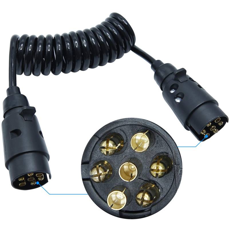 CCLIFE 2.0m 7-polig auf 7 Polig Adapter Stecker Verbindung Verlängerungskabel Spiralkabel Anhängerkabel Adapter für Anhänger Bootstrailer PKW TreckerPKW-Anhänger Caravan Wohnwagen von CCLIFE