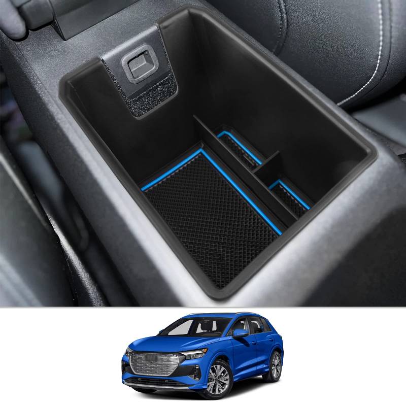 CDEFG Kompatibel mit Audi Q4 Q5 Etron 2021 2022 2023 Mittelkonsole Organizer Q4 Q5 E-tron Aufbewahrungsbox Auto Center Console Tray Q4 Sportback etron 2023 Zubehör (mit Löchern blau) von CDEFG