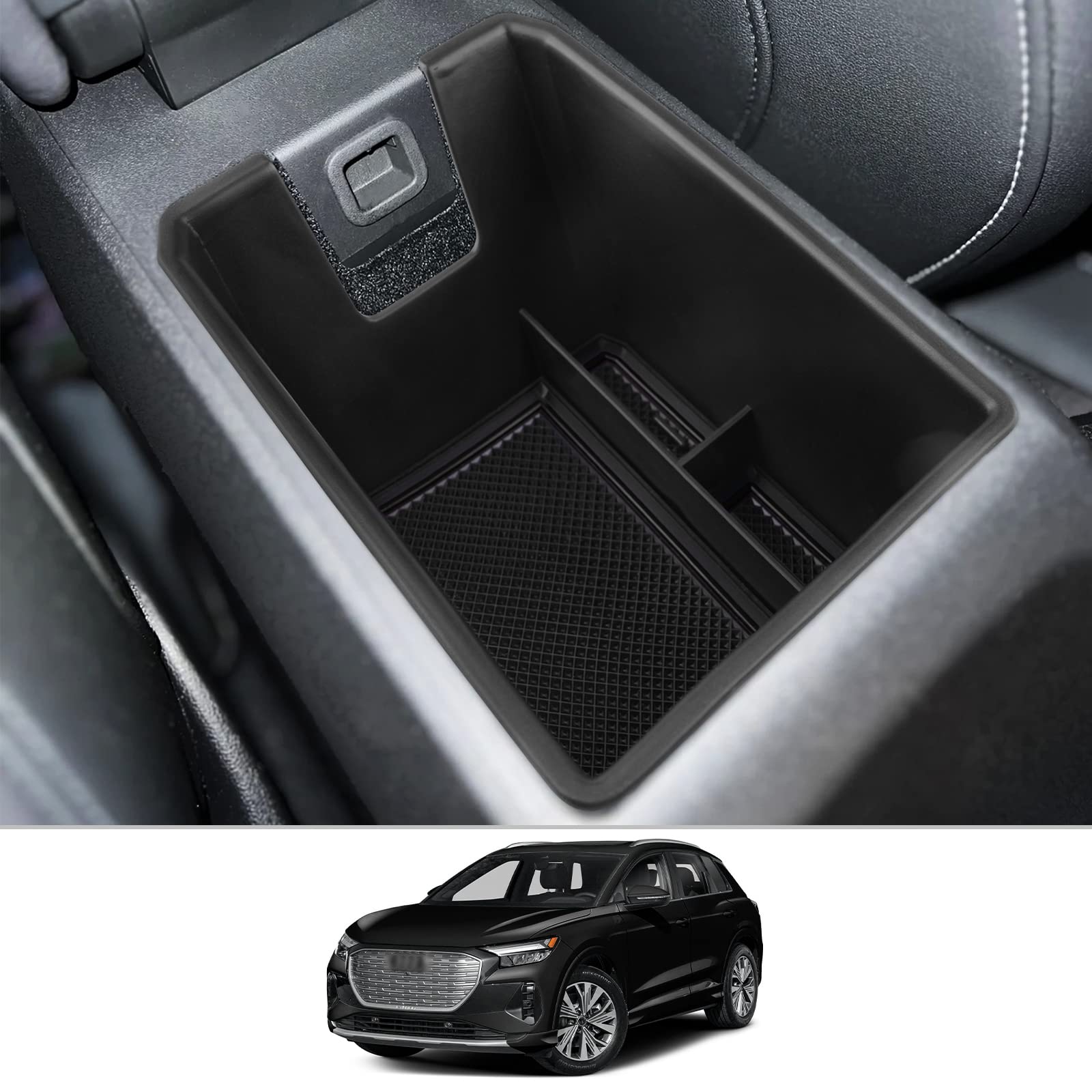 CDEFG Kompatibel mit Q4 Q5 Etron 2021 2022 2023 2024 Mittelkonsole Organizer Q4 Q5 E-tron Aufbewahrungsbox Auto Center Console Tray Q4 Sportback etron 2023 Zubehör (mit Löchern schwarz) von CDEFG