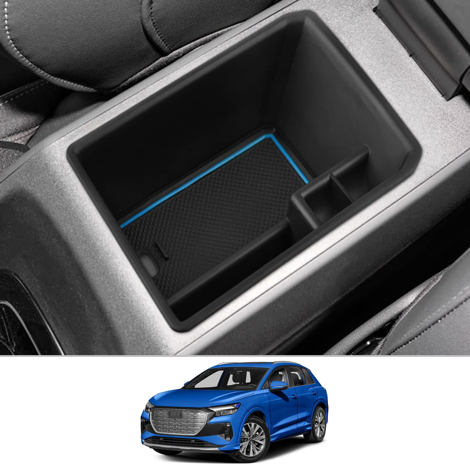 CDEFG Kompatibel mit Audi Q4 Q5 Etron 2021 2022 2023 Mittelkonsole Organizer Q4 Q5 E-tron Aufbewahrungsbox Auto Center Console Tray Q4 Sportback etron 2023 Zubehör (ohne Löcher blau) von CDEFG