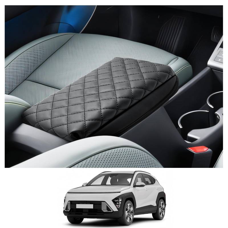 CDEFG Kompatibel mit Hyundai Kona SX2 2024 2025 Hybird EV Elektro Mittelarmlehne Armlehnen Deckel Abdeckung Kratzschutz Mittelkonsole Kunstleder Armlehne Box Cover Auto Zubehör (Schwarze Verdickung) von CDEFG