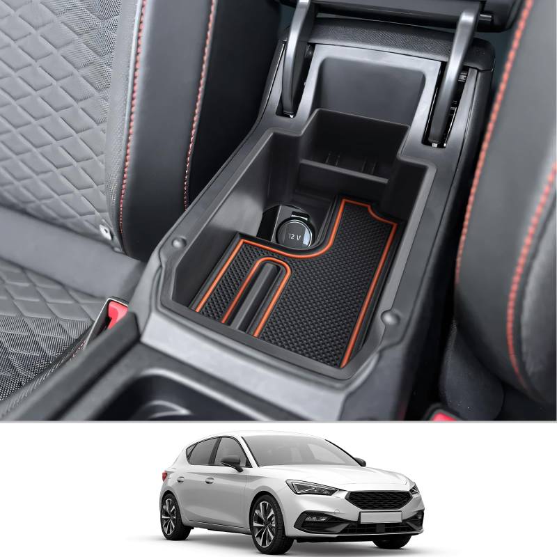 CDEFG Kompatibel mit Seat Leon mk4 KL Cupra Formentor 2020-2023 2024 2025 Mittelkonsole Armlehne Organizer Aufbewahrungsbox Handschuhfach Aufbewahrung Auto Center Console Tray Leon 4 Zubehör (Orange) von CDEFG