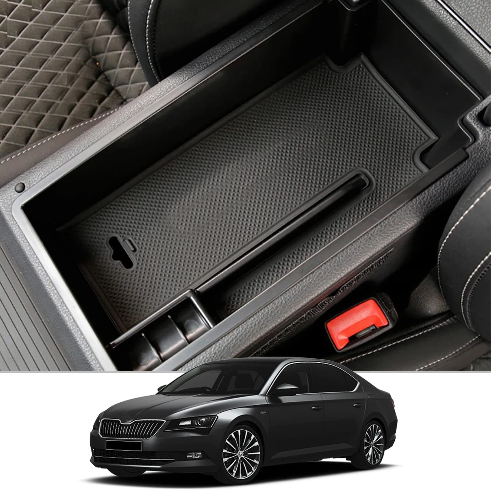 CDEFG Kompatibel mit Skoda Superb B8 3V 2015-2022 2023 Mittelkonsole Organizer Aufbewahrungsbox Superb 3V Aufbewahrung Auto Center Console Tray Superb 3 Kombi Zubehör (Schwarz) von CDEFG