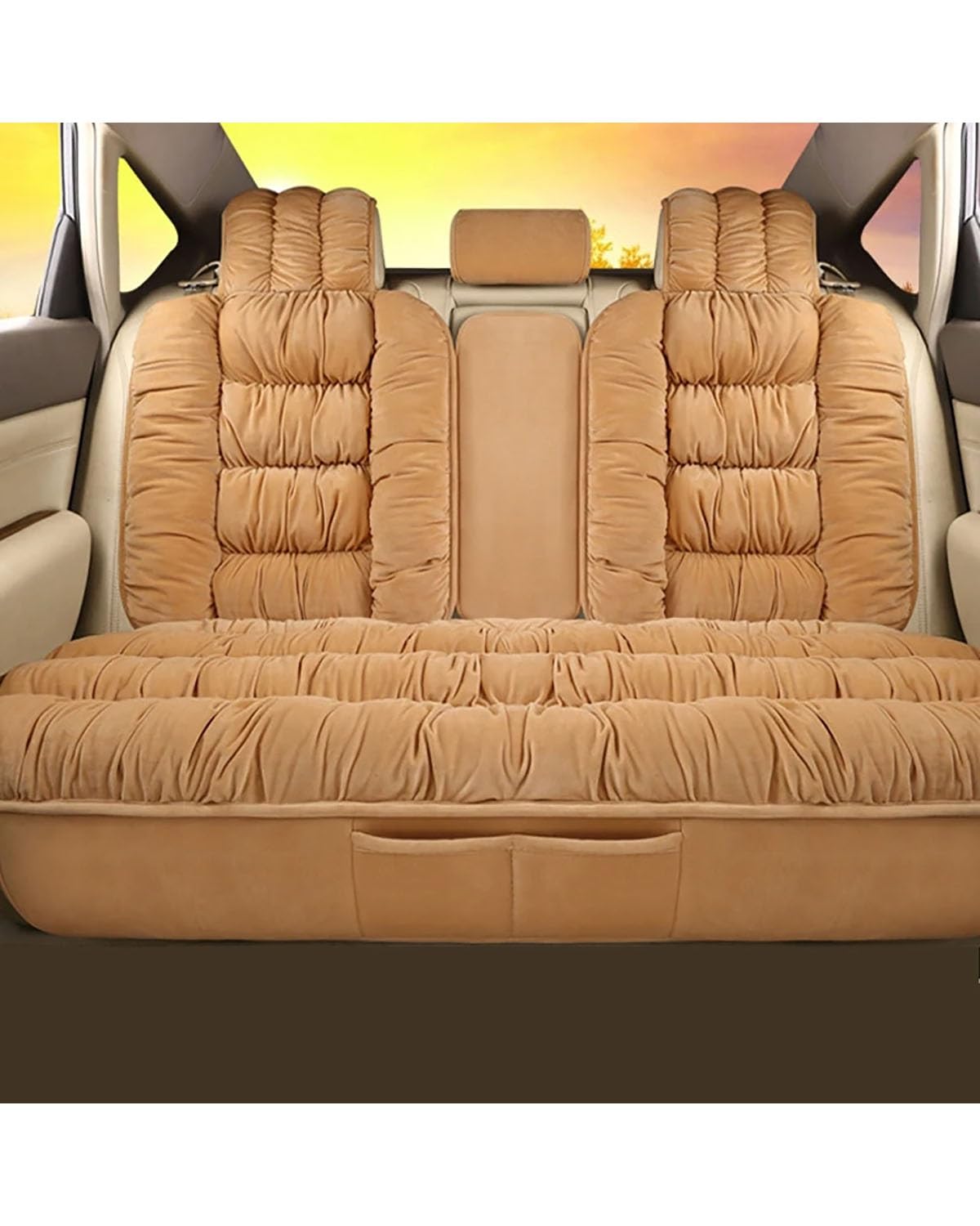 CDPQFER Autositzkissen Weiche Plüsch Auto Sitzbezüge Autos Sitz Abdeckung Kissen Pad Auto Sitz Schutz Set Universal Winter Auto Innen Zubehör Autositzbezug(-09-Rear Seat Beige) von CDPQFER