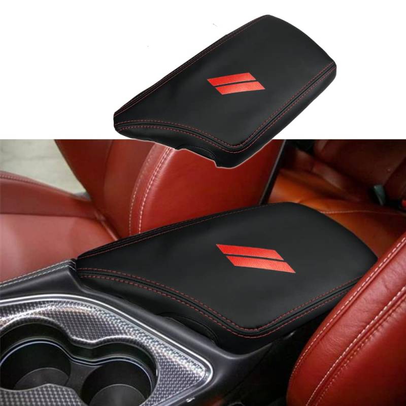 CEBAT Leder Mittelarmlehne Abdeckung,Mittelkonsole Armlehnenbezug,Armlehnenbezüge,Center Console Pad Cover für Dodge 2015-2023 Challenger (Rote Stiche) von CEBAT