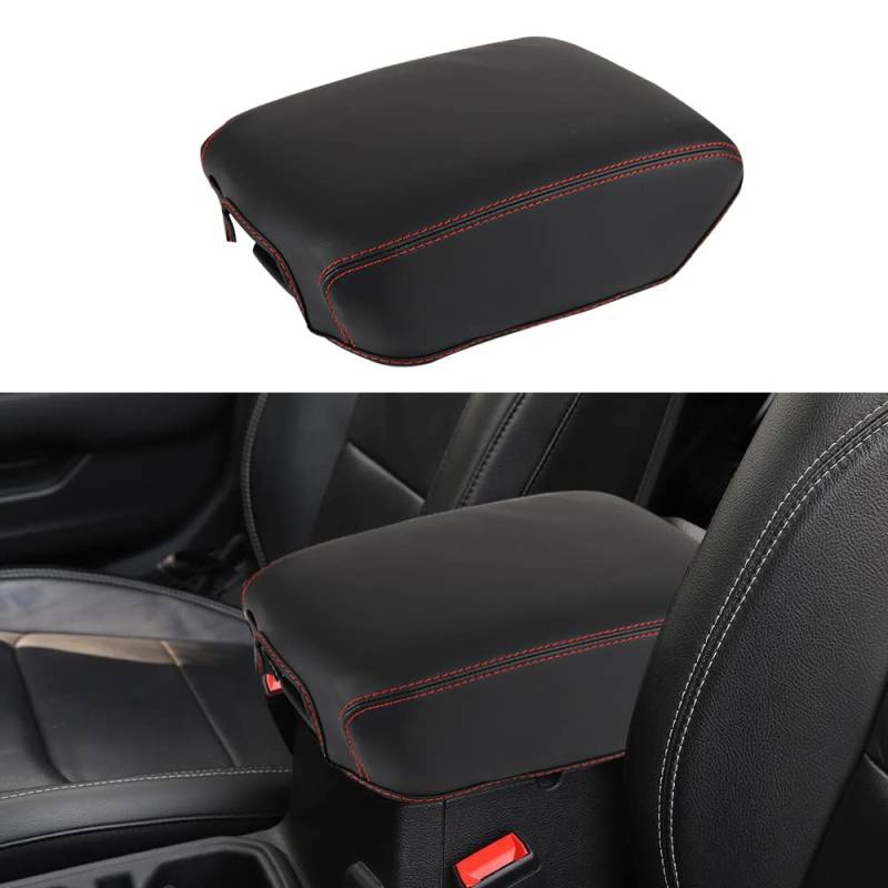 CEBAT Leder Mittelarmlehne Abdeckung,Mittelkonsole Armlehnenbezug,Armlehnenbezüge,Center Console Pad Cover für Jeep 2018-2023 Wrangler JL JLU/Gladiator JT(Rote Stiche) von CEBAT